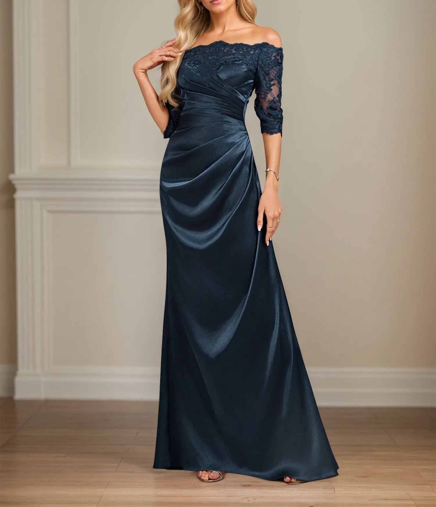 Sheath/Column Off the Shoulder Floor-Length Lace Stretch Satin Evening Dress With Pleated