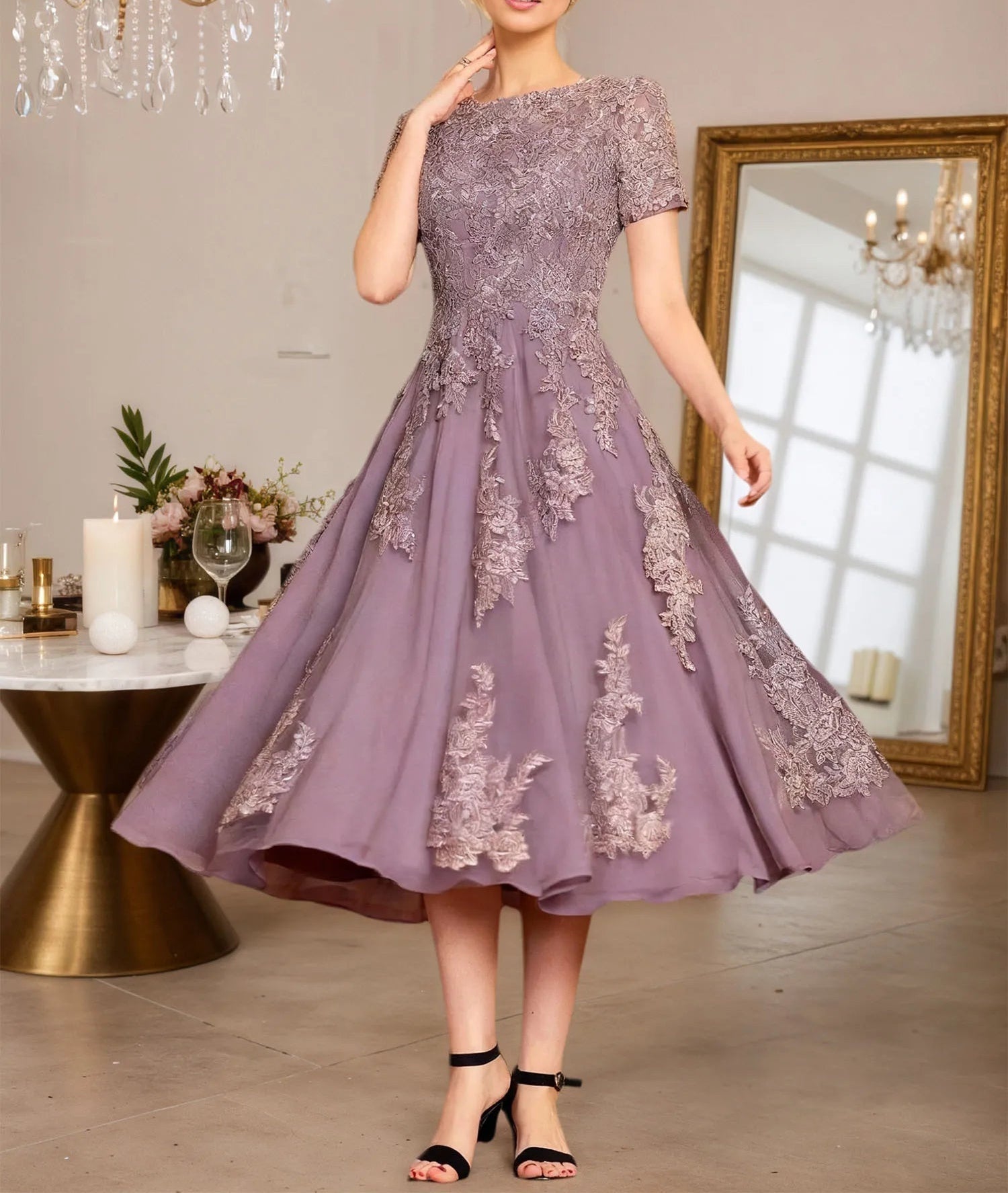 A Line Scoop Tea-Length Chiffon Mother of the Bride Dress With Appliques
