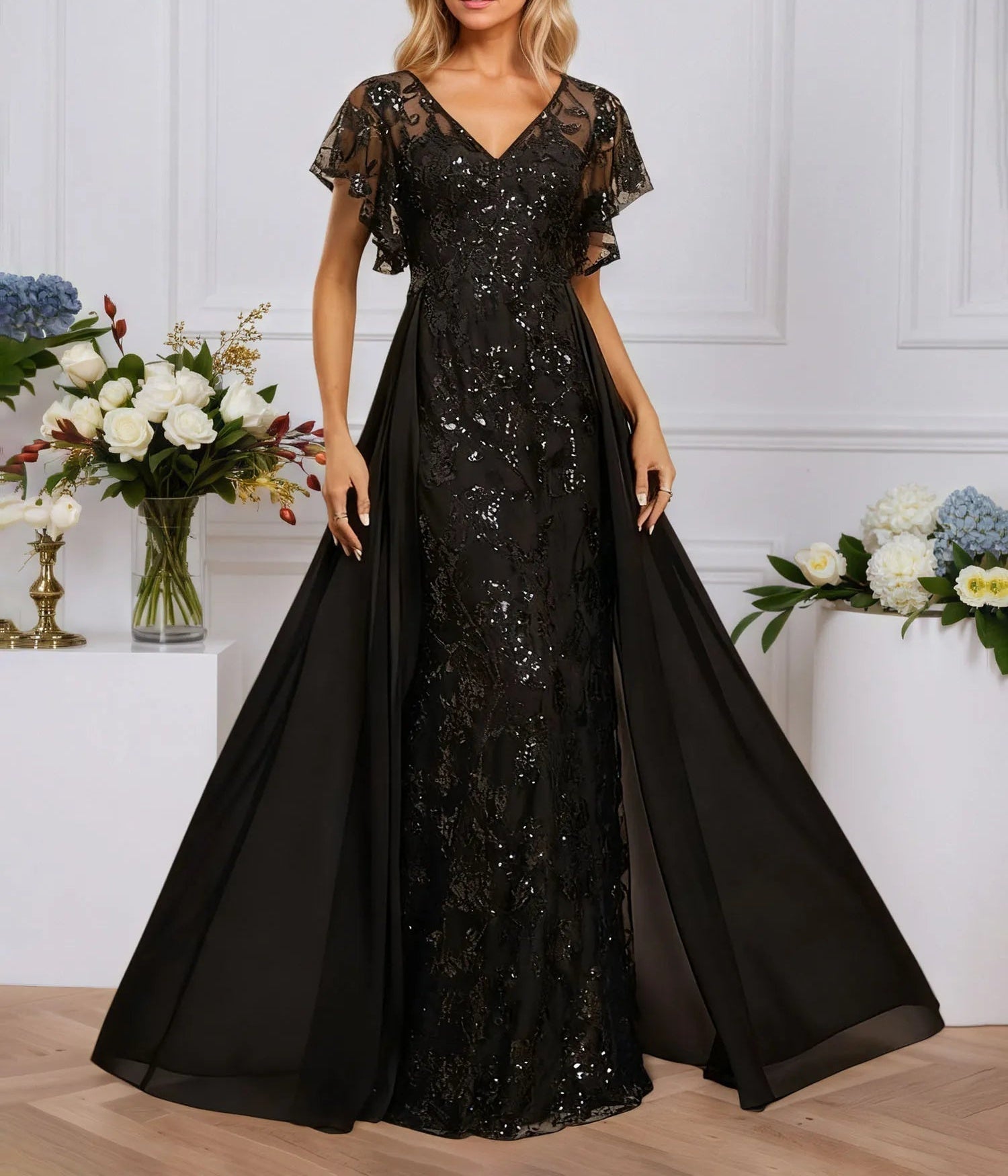 Sheath/Column Illusion V-Neck Floor-Length Sequin Chiffon Lace Evening Dress With Overskirt