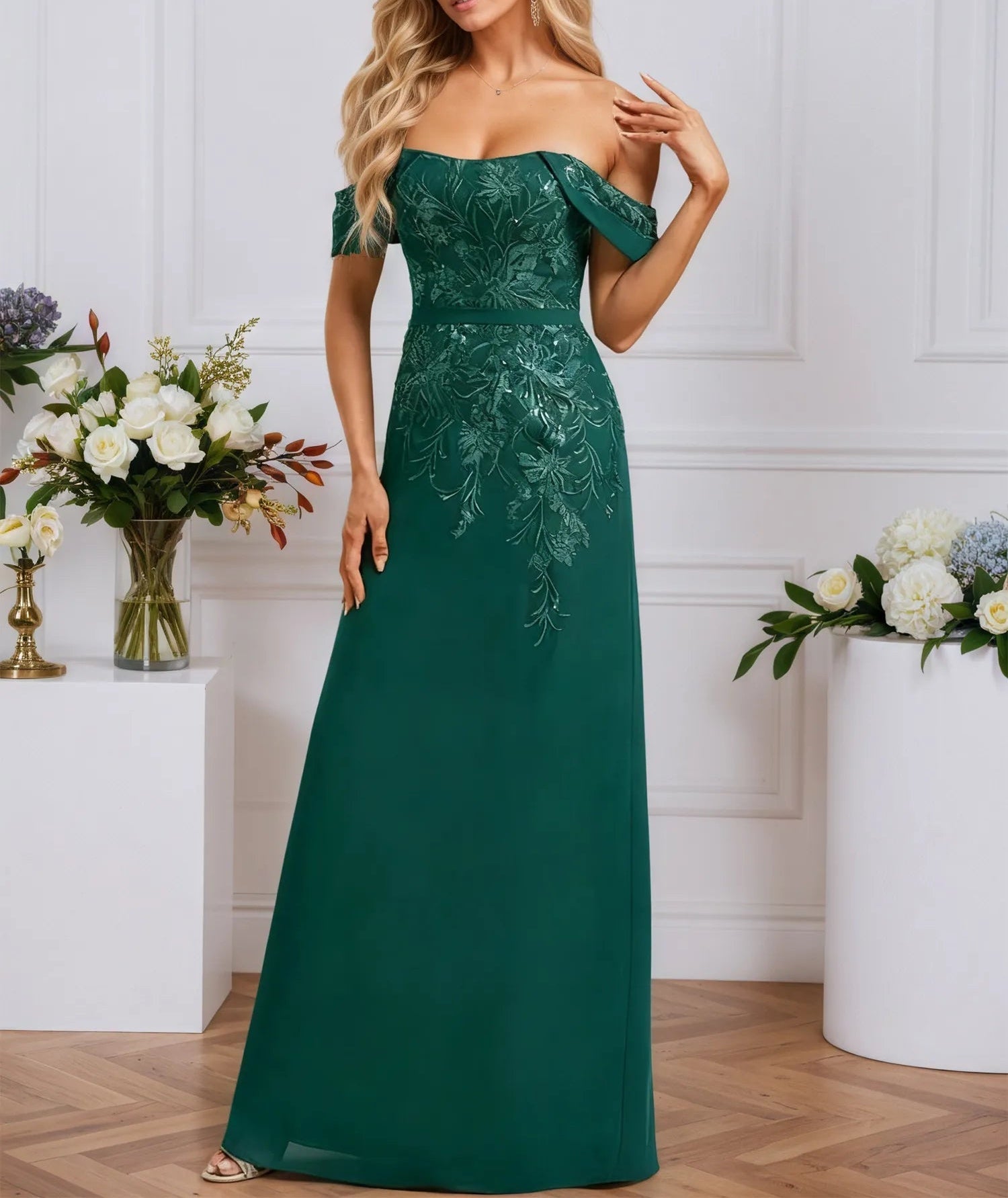 Sheath/Column Off the Shoulder Floor-Length Lace Chiffon Evening Dress With Sequins