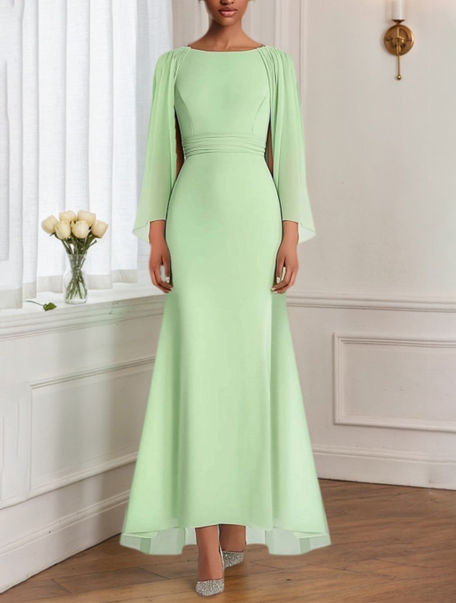 Wedding Guest Dresses Sage Green Chiffon Cape Maxi Mother of Bride Dresses