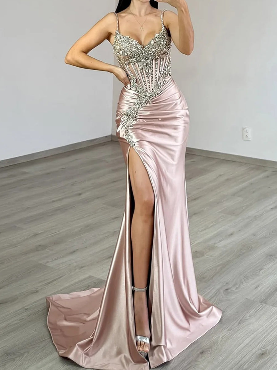 A-Line/Princess V-Neck Spaghetti Strap Satin Floor-Length Prom Dresses with Lace Applique