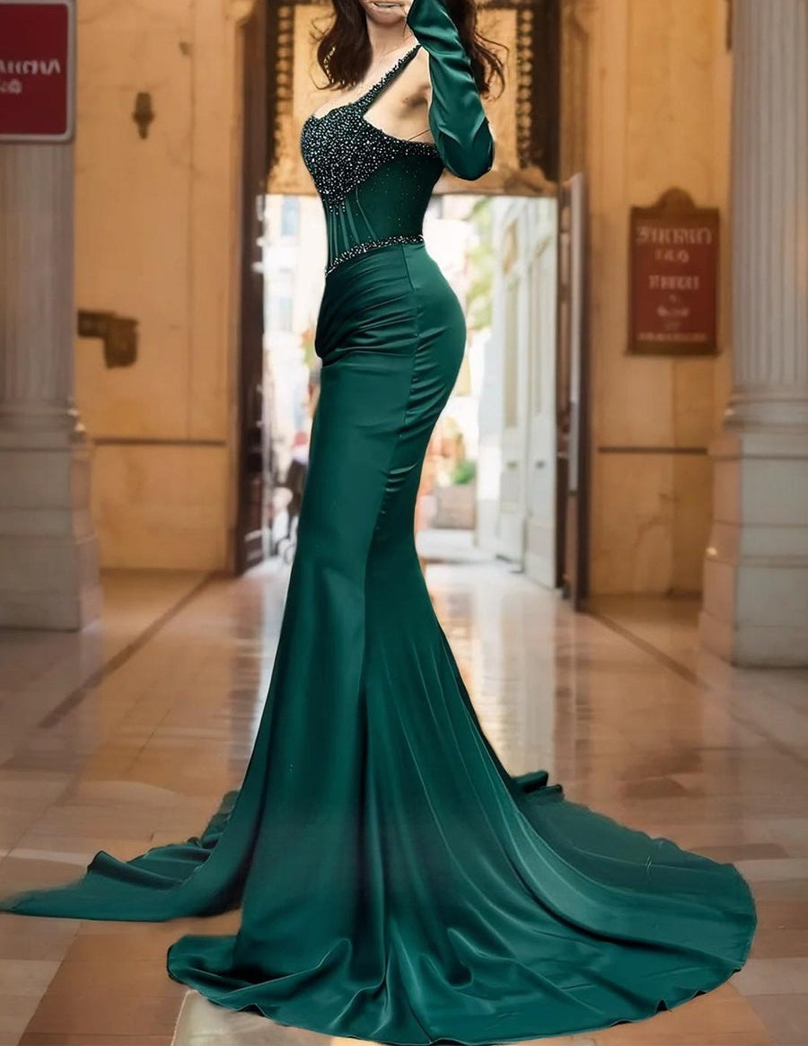 A-Line/Princess Sweetheart Glitter Long Prom Dresses Beading Ruched Satin Evening Dress