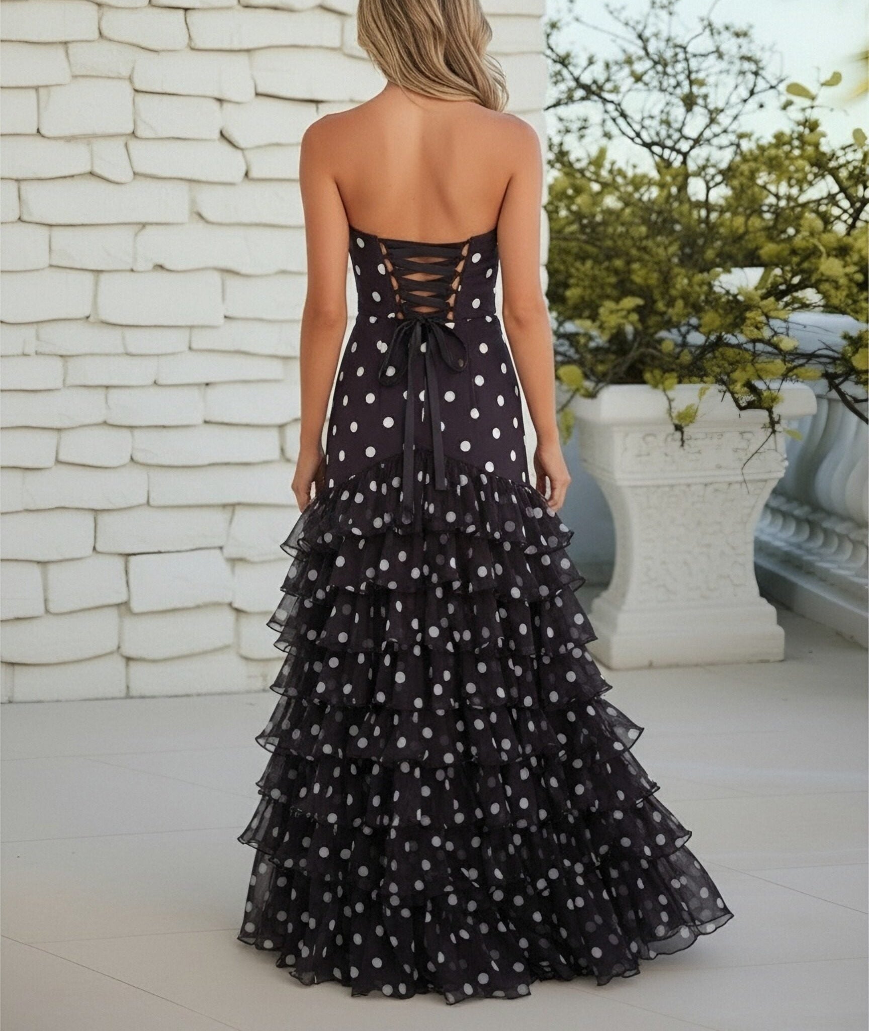 Mermaid/Trumpet Strapless Tiered Ruffles Floor Length Prom Dresses Polka Dot Dress
