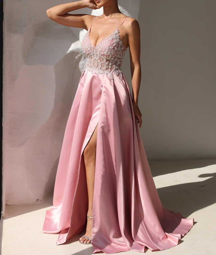 A-Line/Princess V-Neck Satin Floor-Length Prom Dresses with Beading