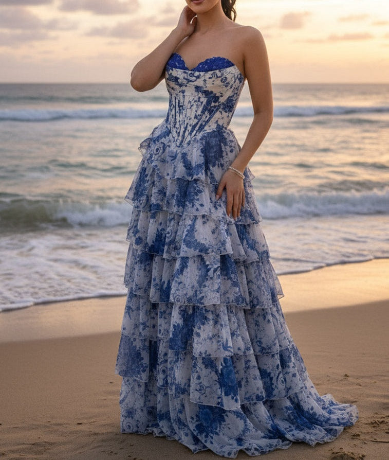 A Line/Princess Tiered Floor-Length Fancy Prom Dresses with Flower Ruffles