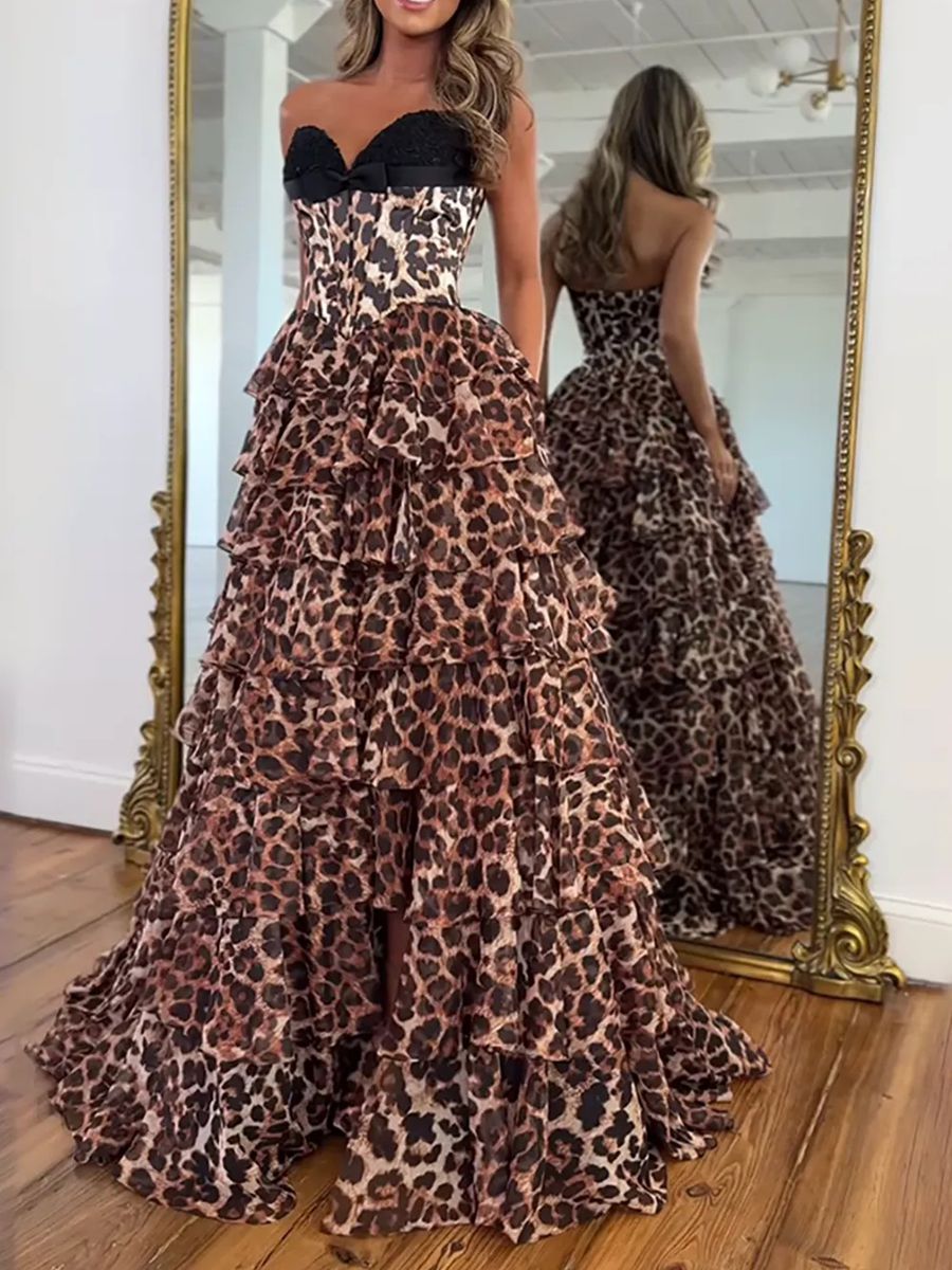 A-Line/Princess Strapless Sweetheart Tiered Ruffles Prom Dresses with Bow