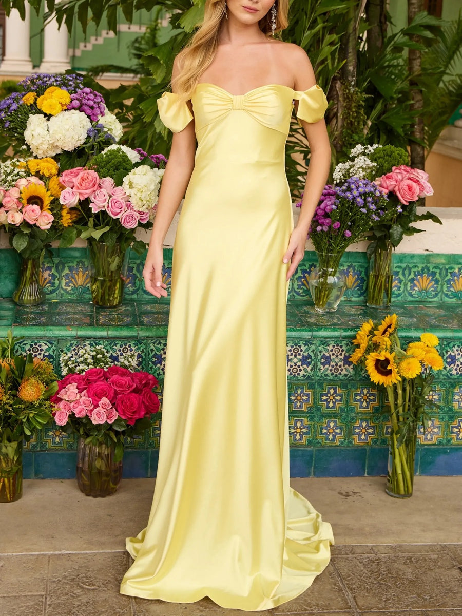 Sheath/Column Off Shoulder Sweetheart Corset Satin Long Prom Dresses with Bows