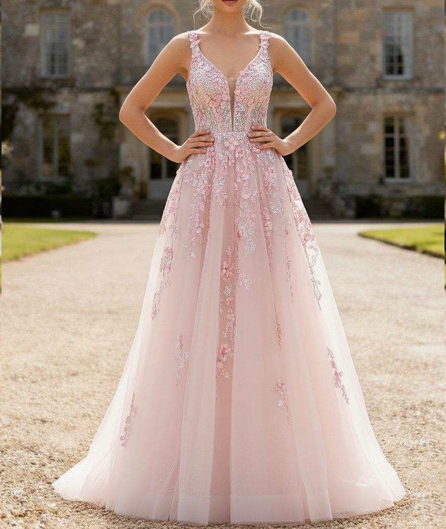 Fair A-Line/Princess Floral Appliques Floor-Length Prom Dresses