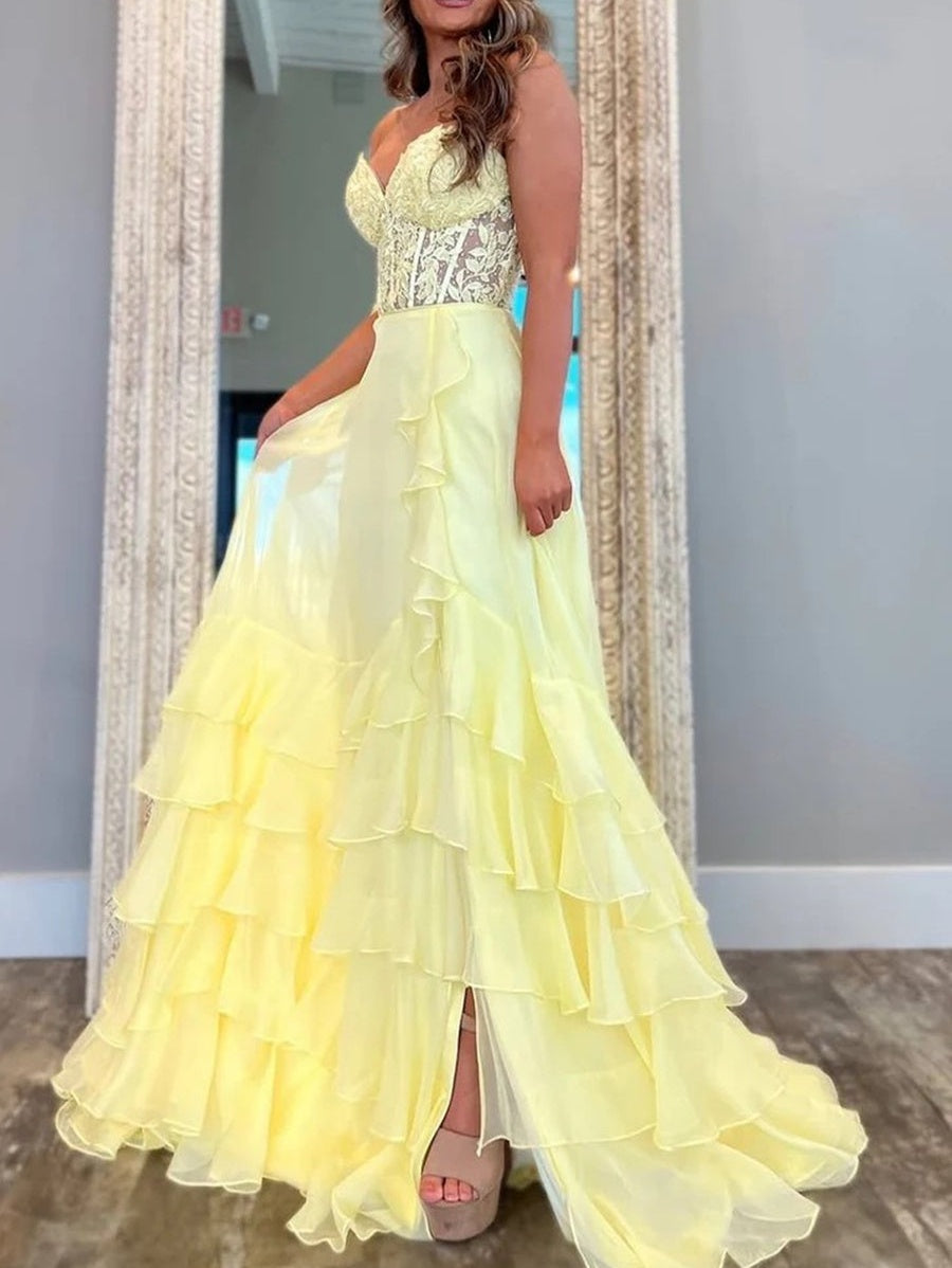 A-Line/Princess Sweetheart Tiered Floor-Length Prom Dresses with Lace Appliques