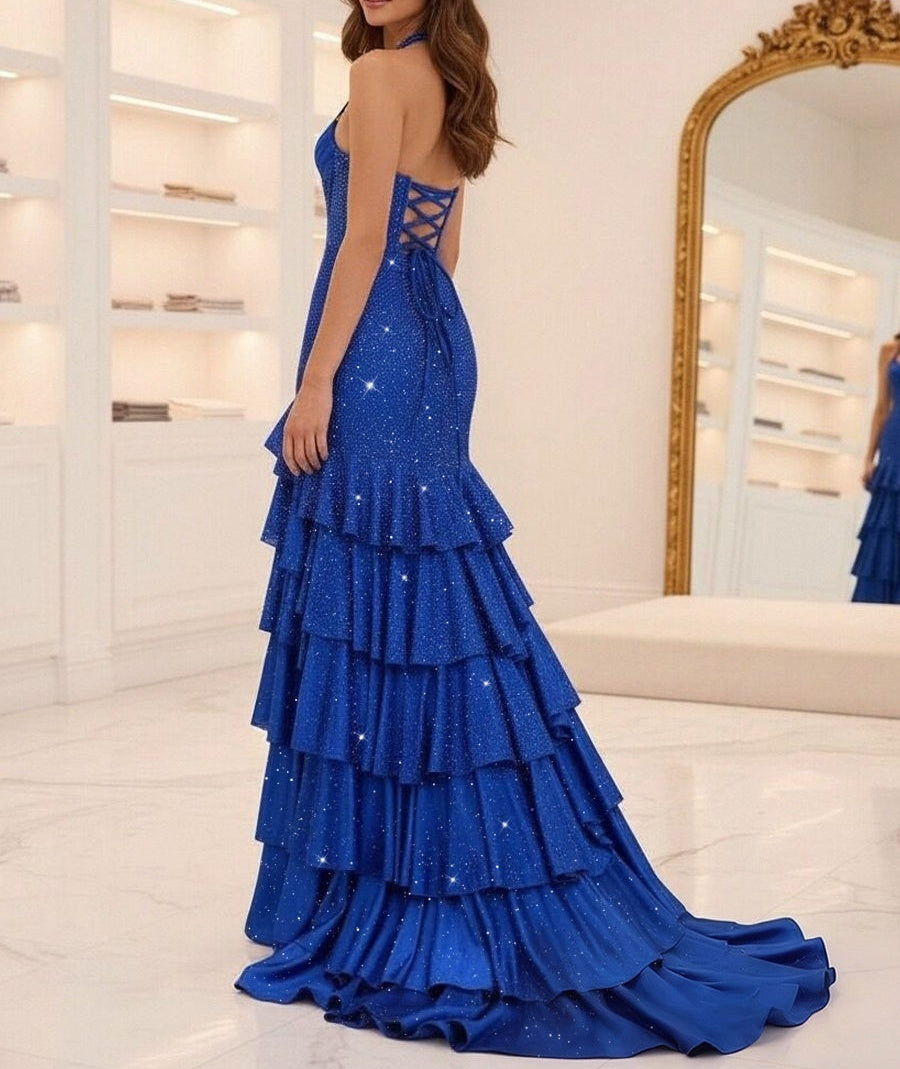 Halter Beading Tiered Sparkly Long Prom Dress