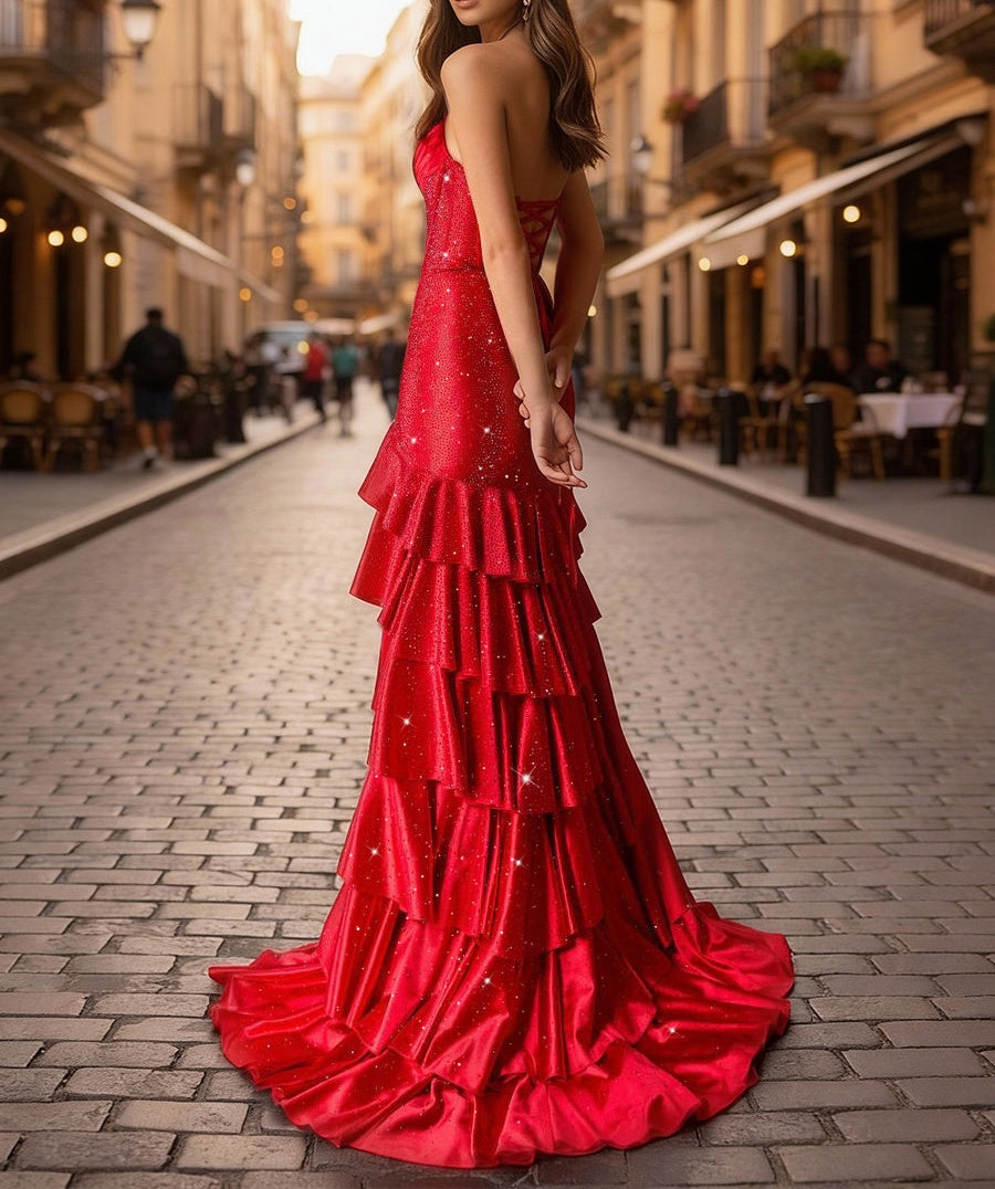 Halter Beading Tiered Sparkly Long Prom Dress