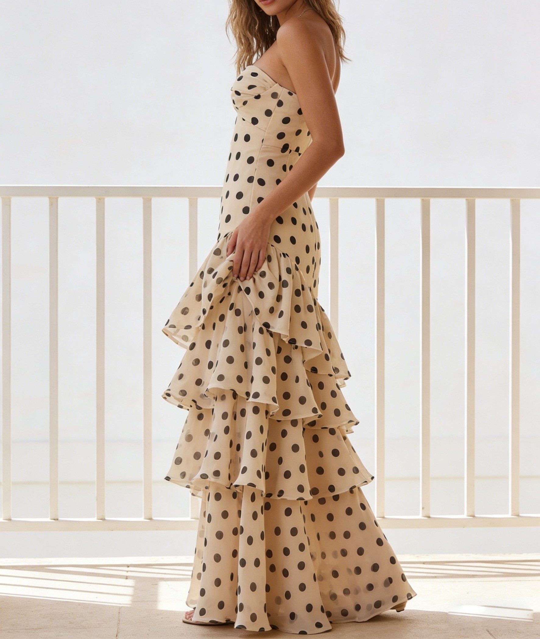 A-Line Strapless Sweetheart Bow Cutout Polka Dot Prom Dress with Tiered Ruffles