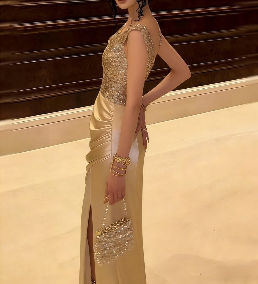 Glitter Sequin Long Prom Dresses Ruched Satin Formal Dress