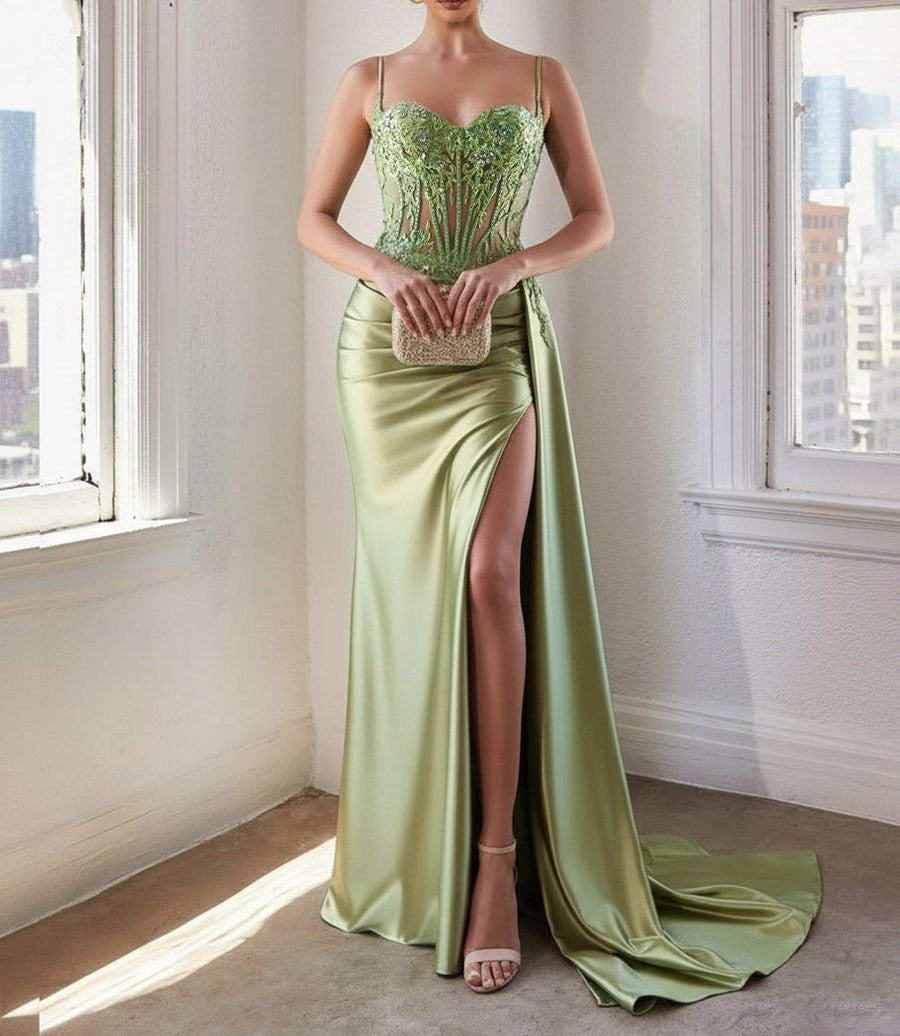 Glitter Spaghetti Strap Floor-Length Prom Dresses with Lace Appliques
