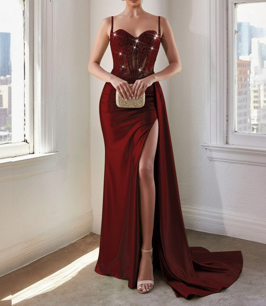 Glitter Spaghetti Strap Floor-Length Prom Dresses with Lace Appliques