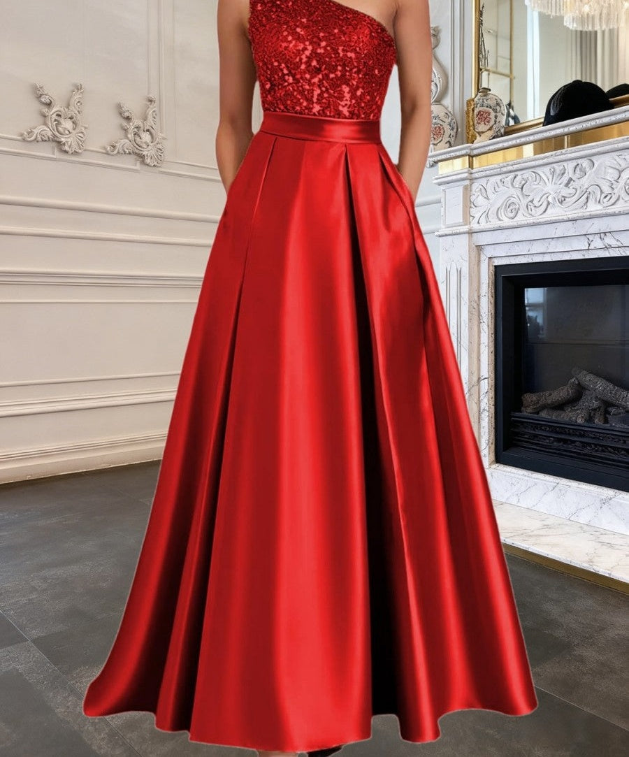 A-Line/Princess One Shoulder Empire Waist Floor-Length Formal Evening Dresses with Sequin