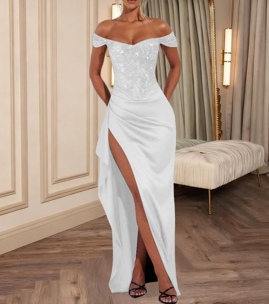 Mermaid/Trumpet Off Shoulder Short Sleeves Floor-Length Formal Dresses with Ruffle Slit