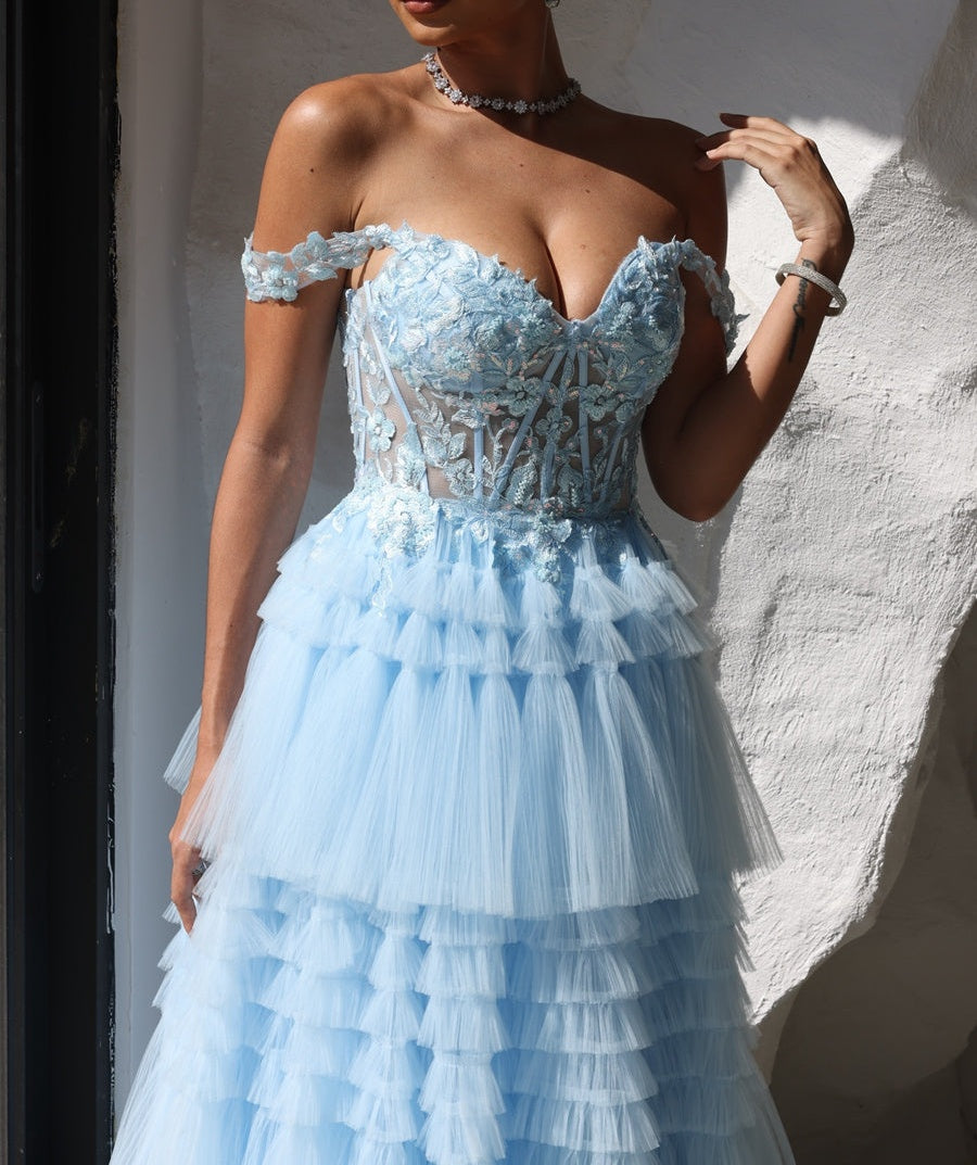 A-Line/Princess Off Shoulder Tiered Floor-Length Prom Dresses with Lace Applique
