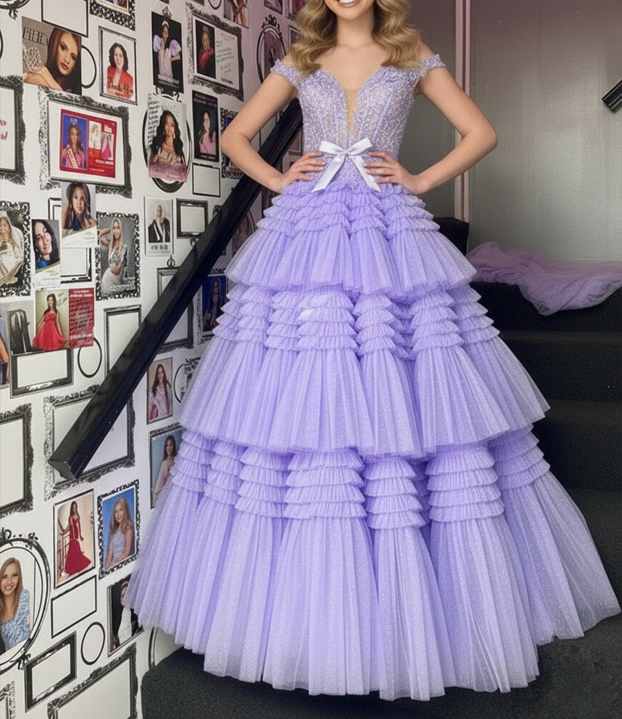 A Line/Princess Off Shoulder Floor-Length Prom Dresses with Tiered Ruffles