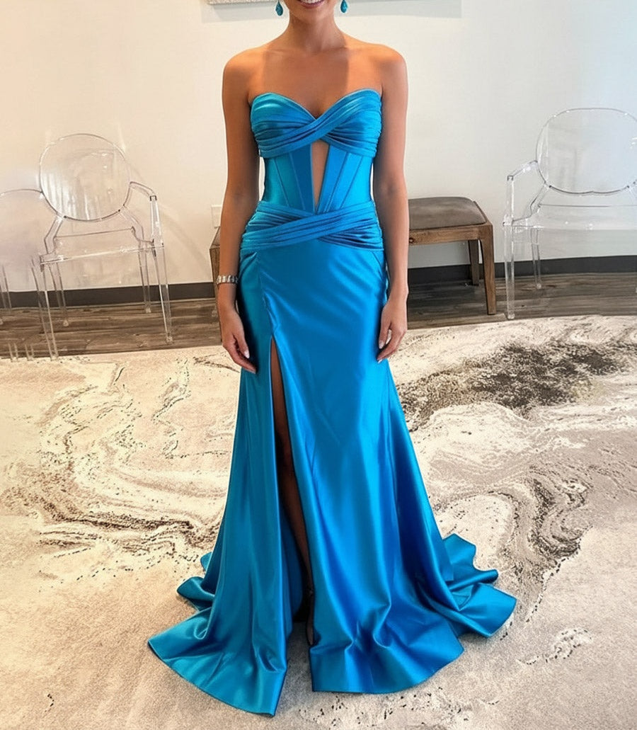 Cut-Out Mermaid Sleeveless Prom Dresses Satin with Train