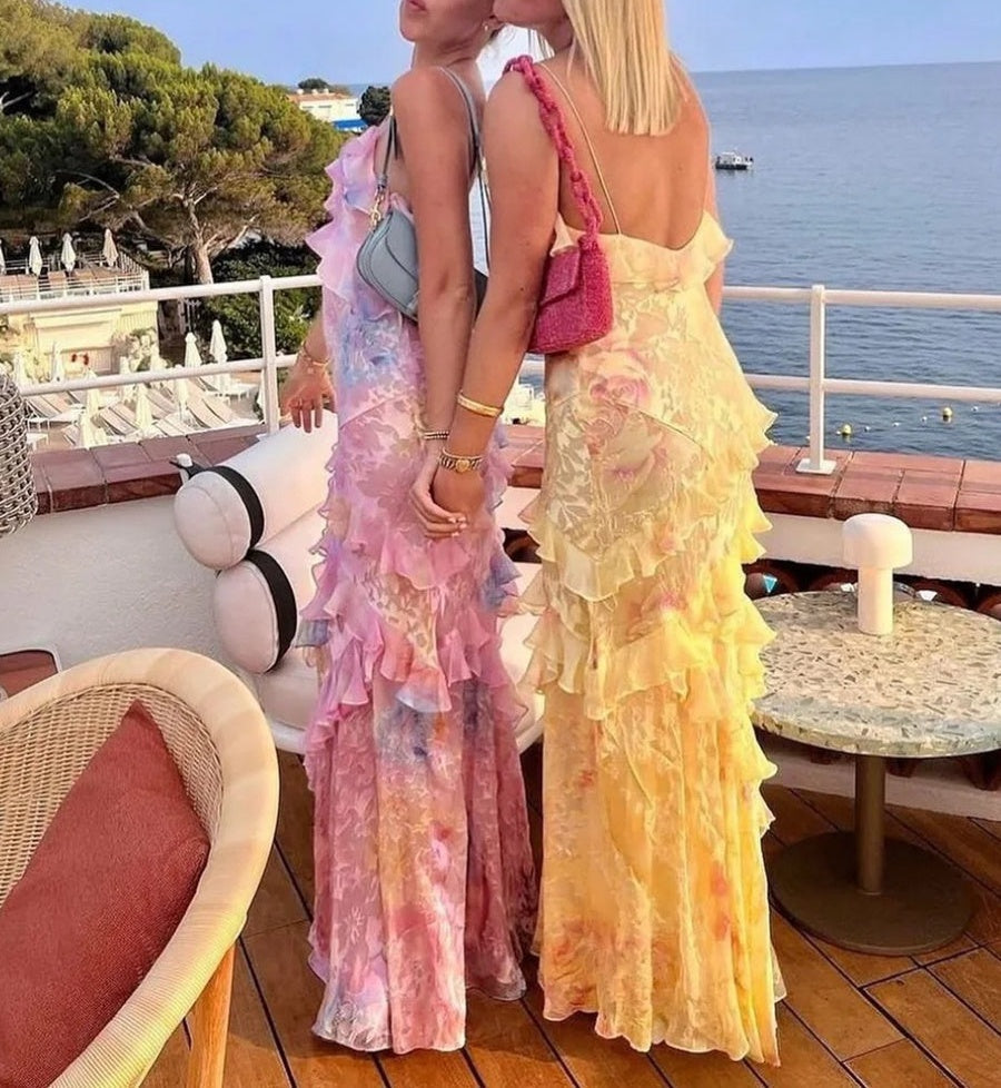 Mermaid/Trumpet Ruffle V-Neck Floor-Length Prom Dresses with Floral Satin