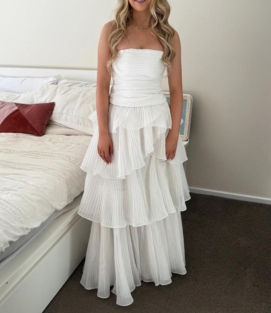 A-Line/Princess Tiered Ruffle Strapless Floor-Length Prom Dresses Ruched Cocktail Dresses