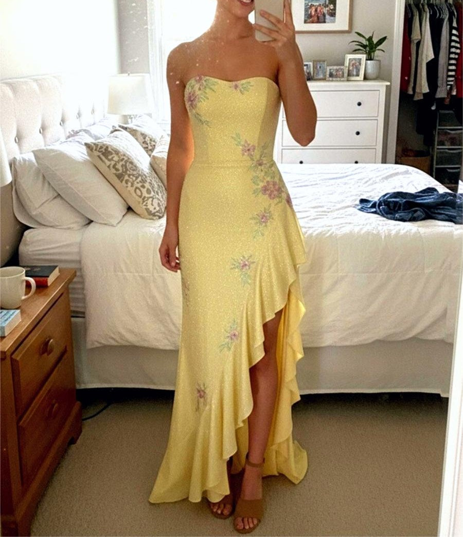 Mermaid Strapless Floral Sequin Split Floor Length Prom Dresses with Ruffle