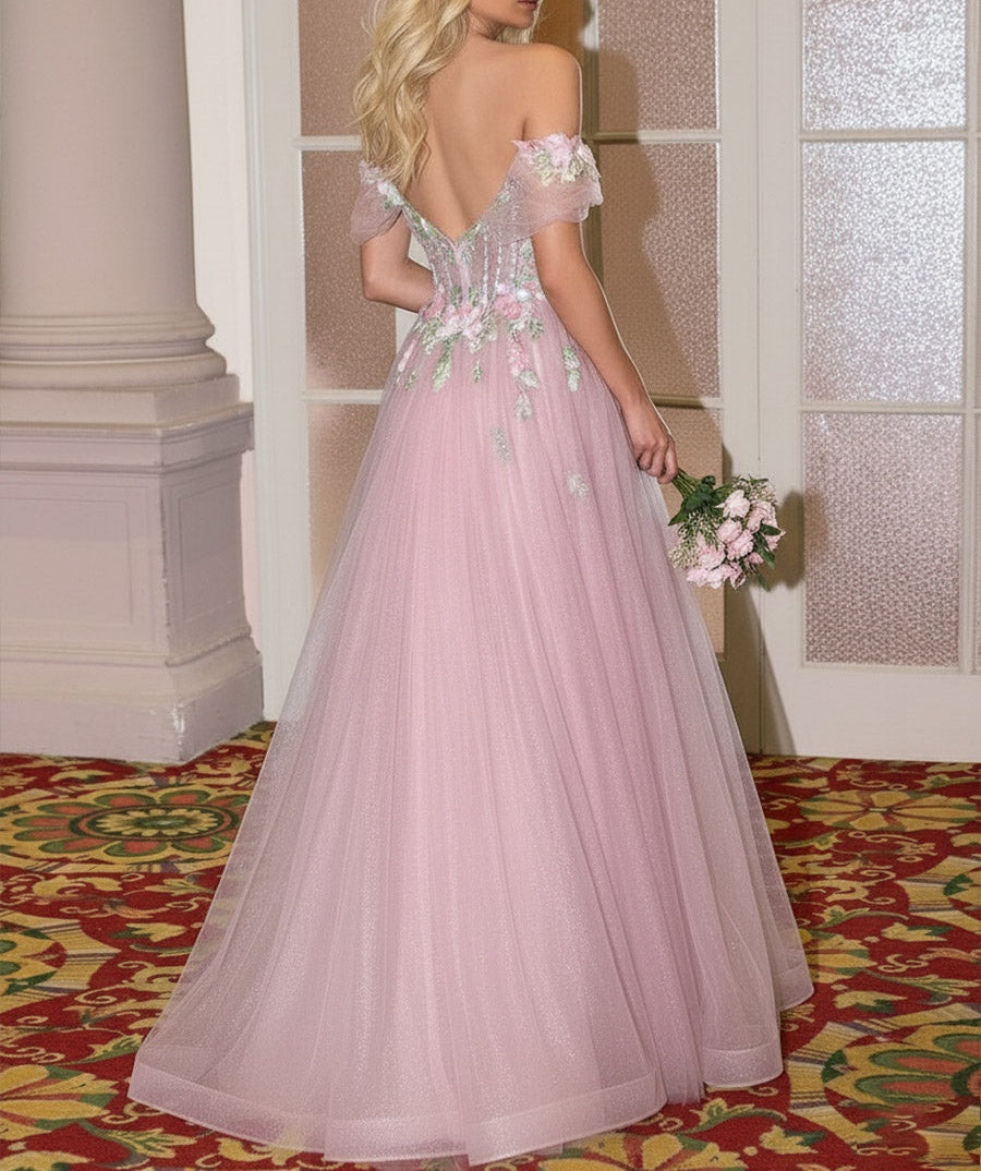 A Line/Princess Cold Shoulder Fair Prom Dresses with Flowers Fancy Dress