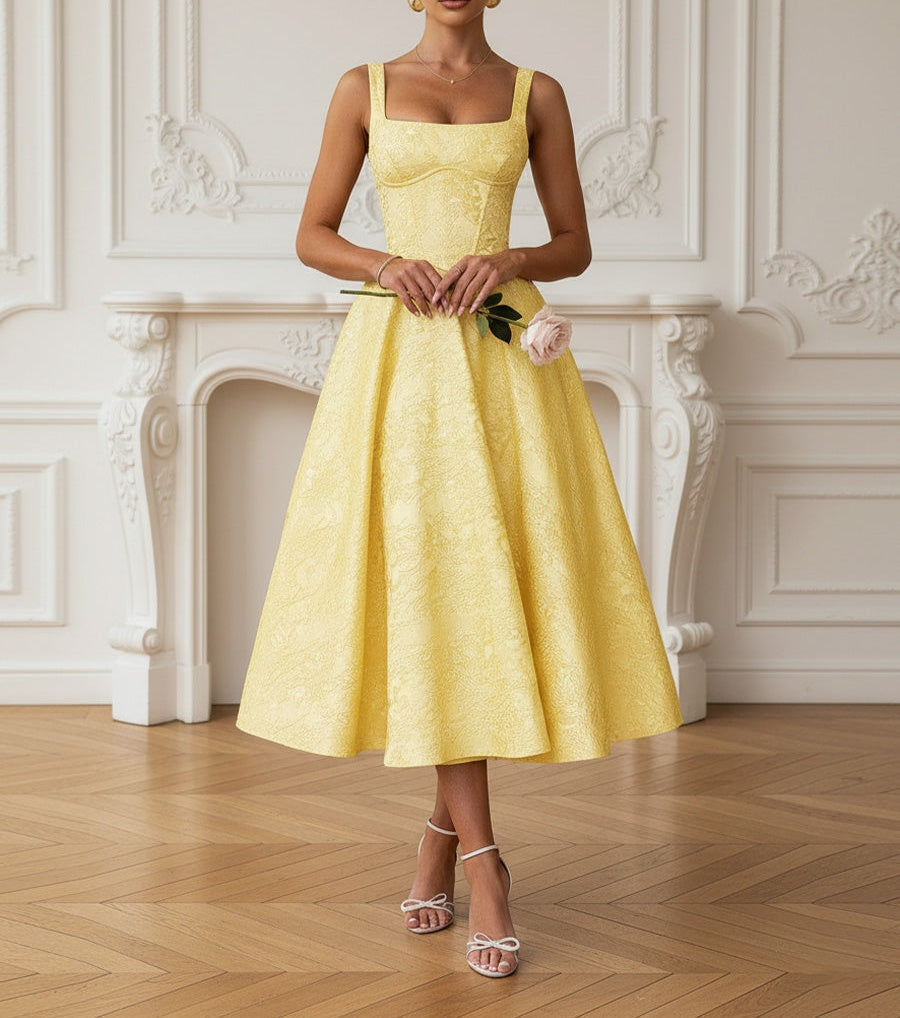 Vintage Spaghetti Strap Midi Prom Dresses with Floral Jacquard