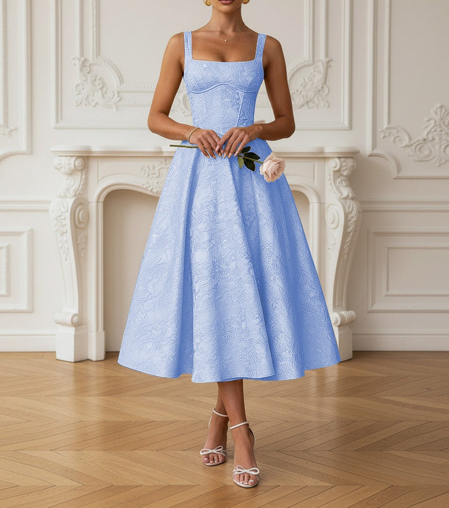 Vintage Spaghetti Strap Midi Prom Dresses with Floral Jacquard