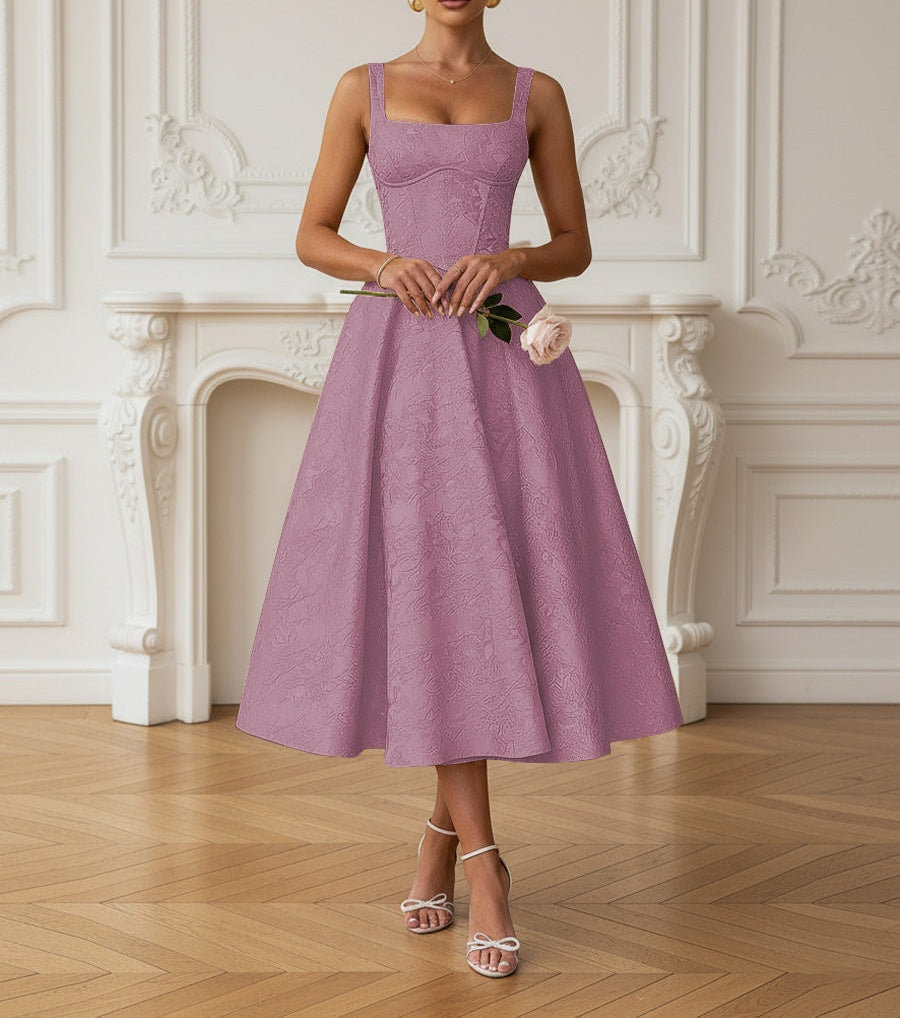 Vintage Spaghetti Strap Midi Prom Dresses with Floral Jacquard