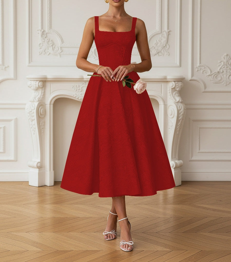 Vintage Spaghetti Strap Midi Prom Dresses with Floral Jacquard