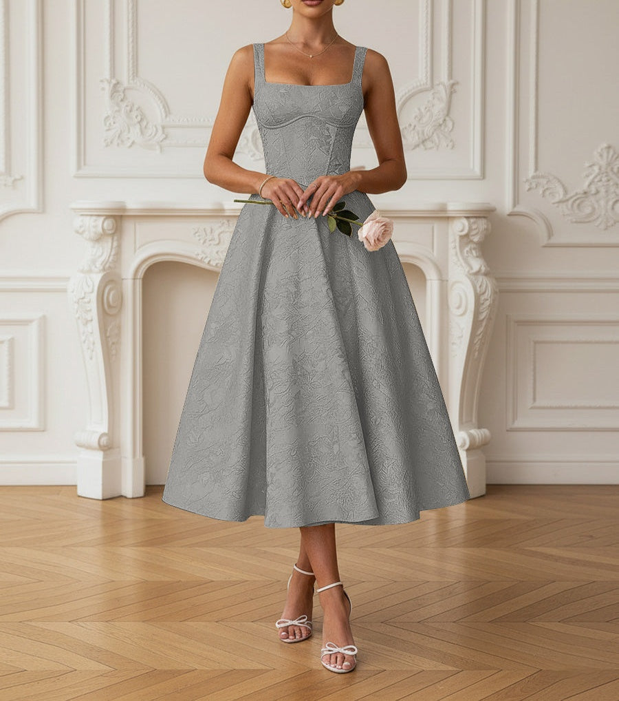 Vintage Spaghetti Strap Midi Prom Dresses with Floral Jacquard