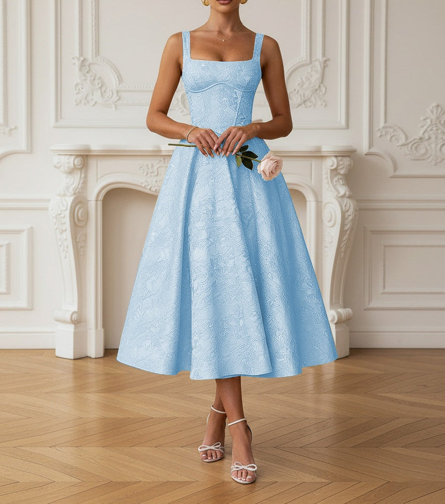 Vintage Spaghetti Strap Midi Prom Dresses with Floral Jacquard