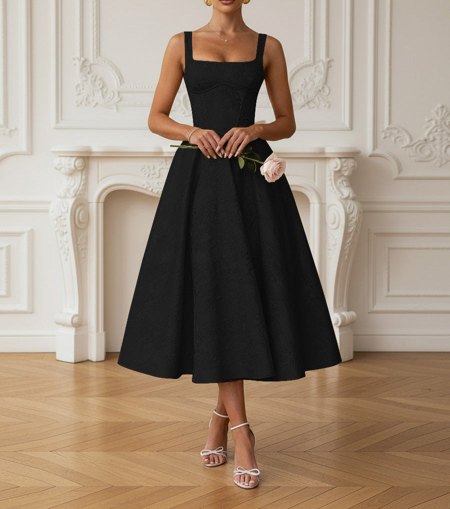 Vintage Spaghetti Strap Midi Prom Dresses with Floral Jacquard