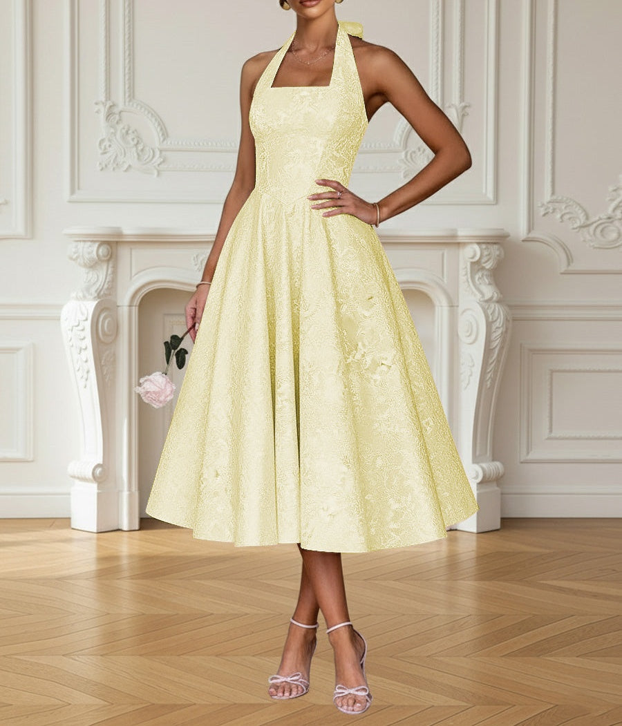 Vintage A Line Halter Midi Prom Dresses with Floral Jacquard