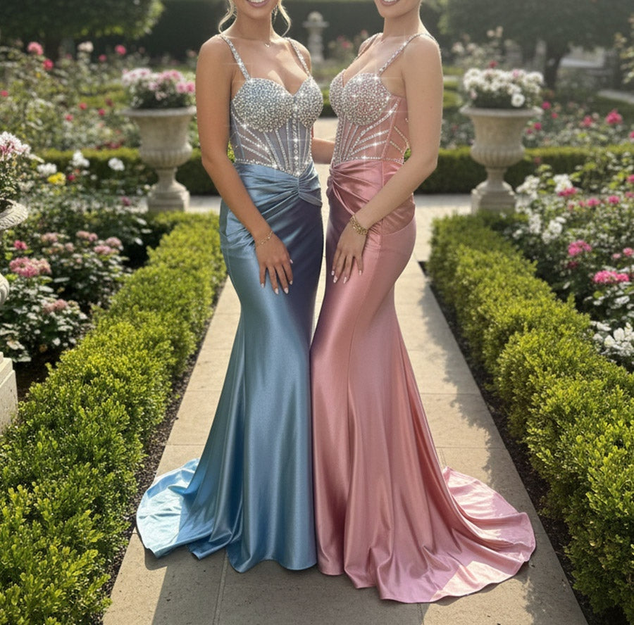 Mermaid Sparkly Satin Floor-Length Prom Gowns with Lace Appliques