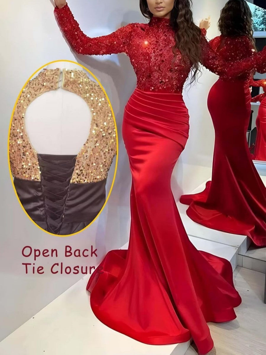 Mermaid/Trumpet Long Sleeve High Neck Floor-Length Formal Dresses with Sparkly Sequin