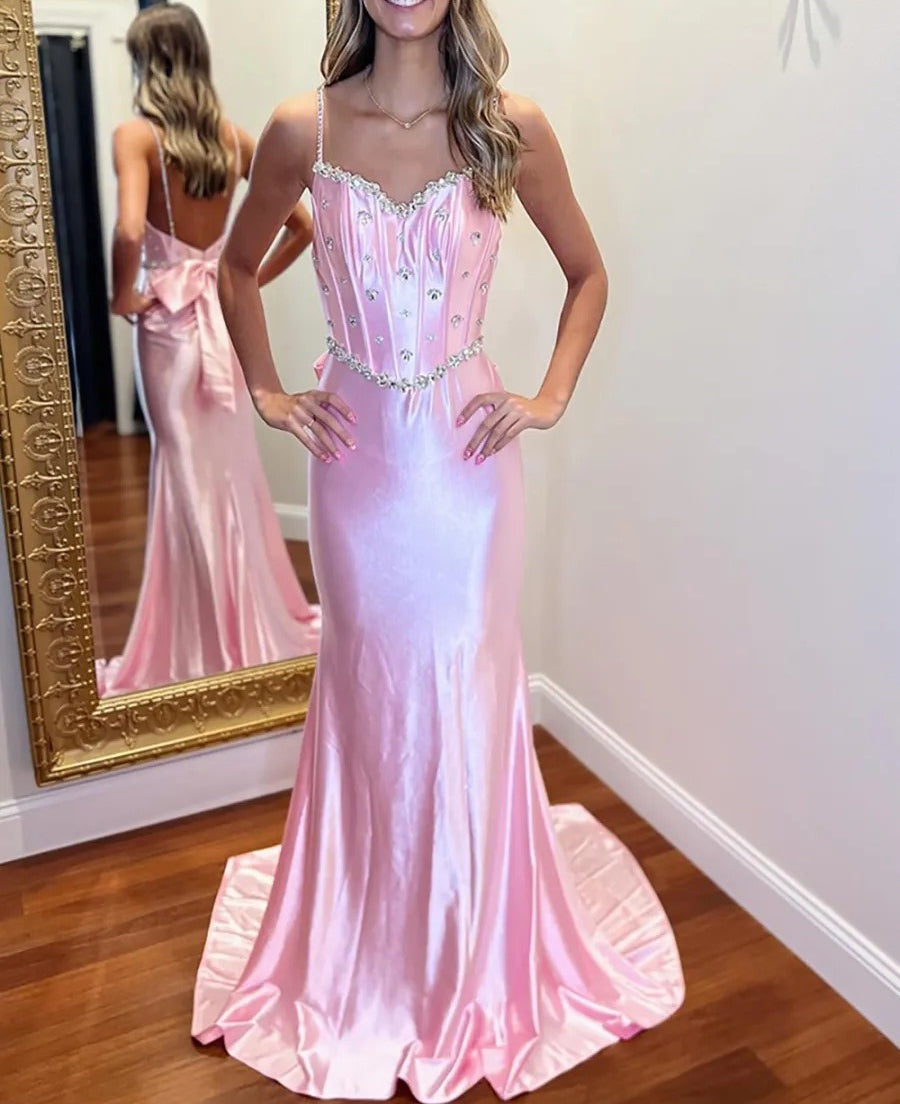 Spaghetti Strap V-Neck Bow Back Mermaid Long Prom Dresses with Sparkly Appliques