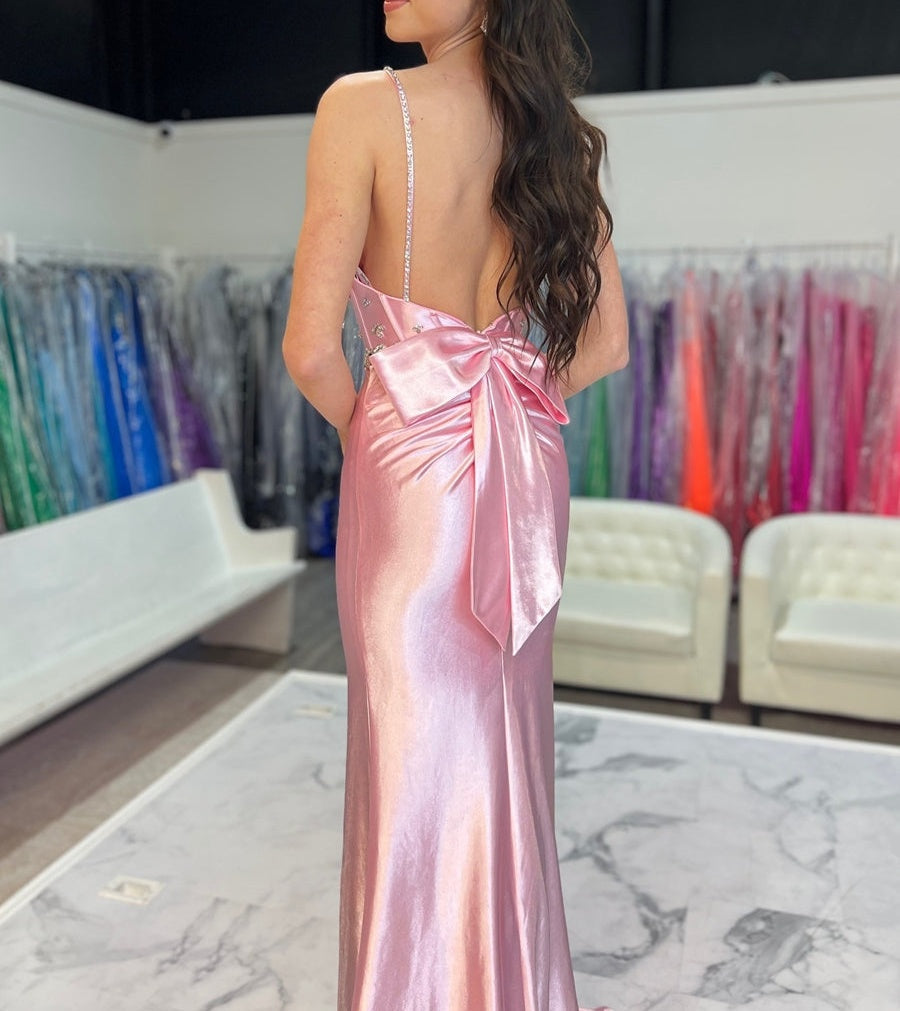 Spaghetti Strap V-Neck Bow Back Mermaid Long Prom Dresses with Sparkly Appliques