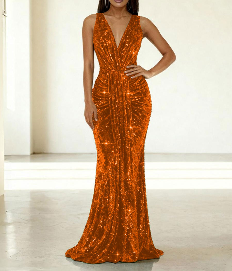 Mermaid/Trumpet V-Neck Ruched Floor-Length Formal Evening Dresses with Sparkly Sequin