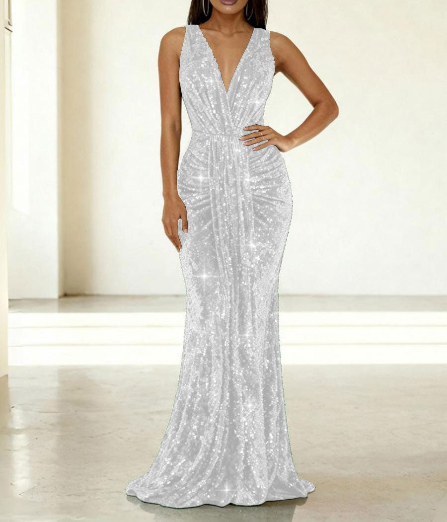 Mermaid/Trumpet V-Neck Ruched Floor-Length Formal Evening Dresses with Sparkly Sequin