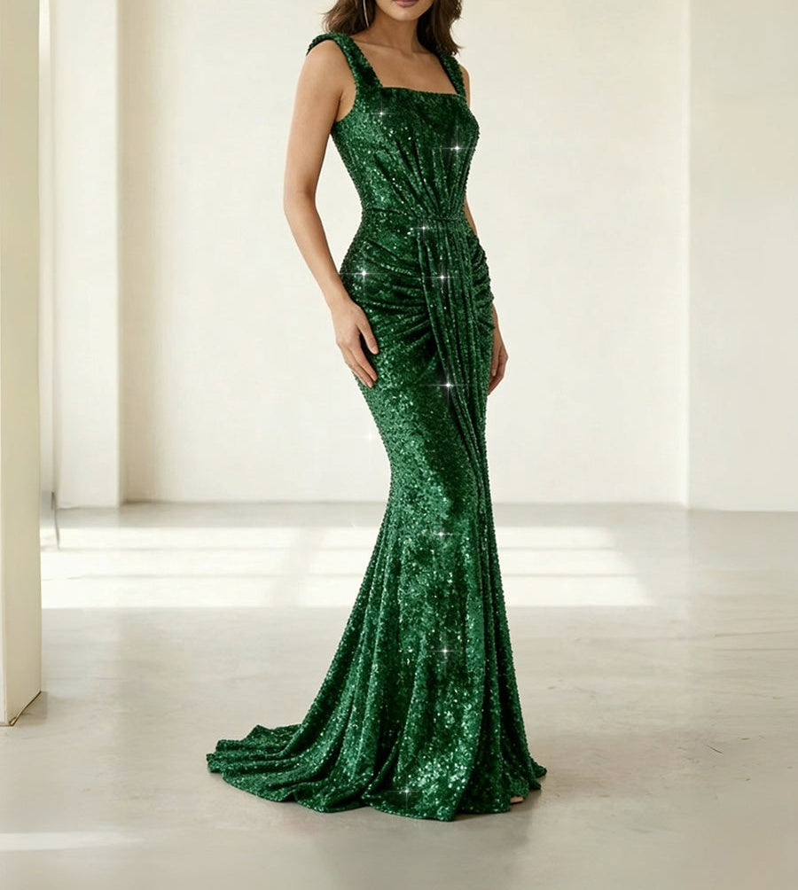 Mermaid/Trumpet Square Neck Ruched Floor-Length Formal Evening Dresses with Sparkly Sequin