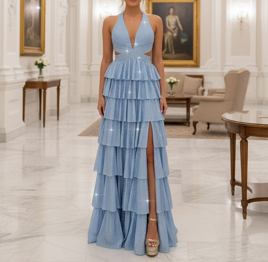 A Line/Princess Halter Tiered Cut-Out Floor-Length Fancy Prom Dresses with Beads