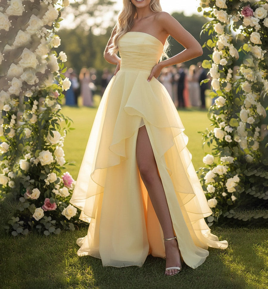 Mermaid Layered Ruffle Sleeveless Floor-Length Fancy Prom Dresses with Slit