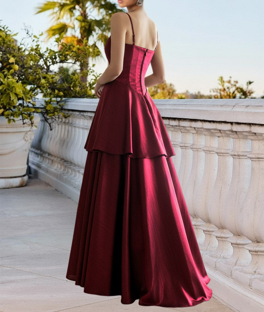 A Line/Princess Organza Sleeveless Floor-Length Prom Dresses with Tiered Hem