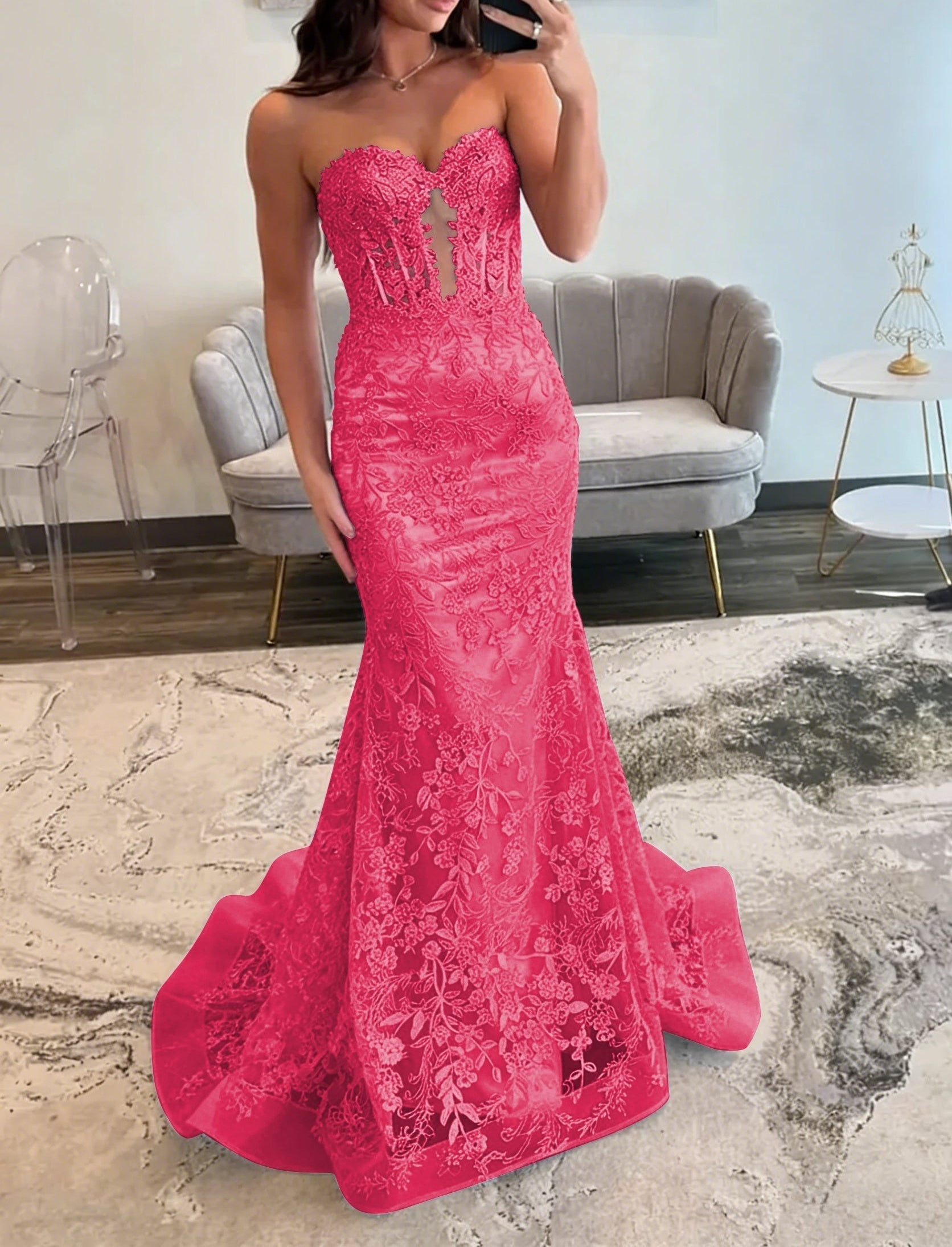 Lace Applique One Shoulder Long Prom Dresses Tiered Evening Gowns