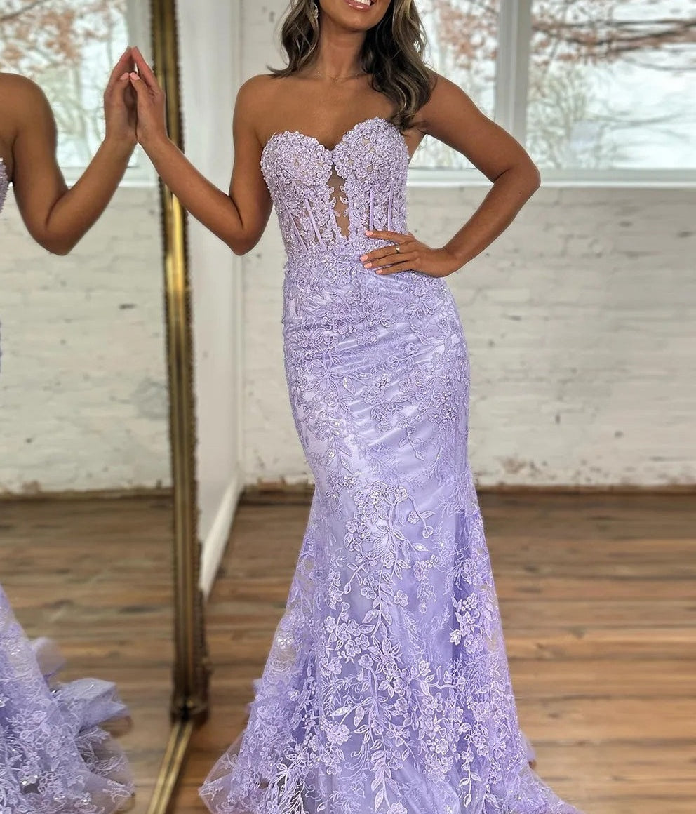 Lace Applique One Shoulder Long Prom Dresses Tiered Evening Gowns