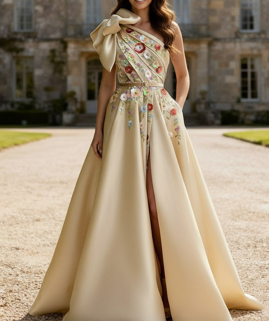 A-Line/Princess Floral One Shoulder Floor-Length Fancy Formal Prom Dresses with Bow